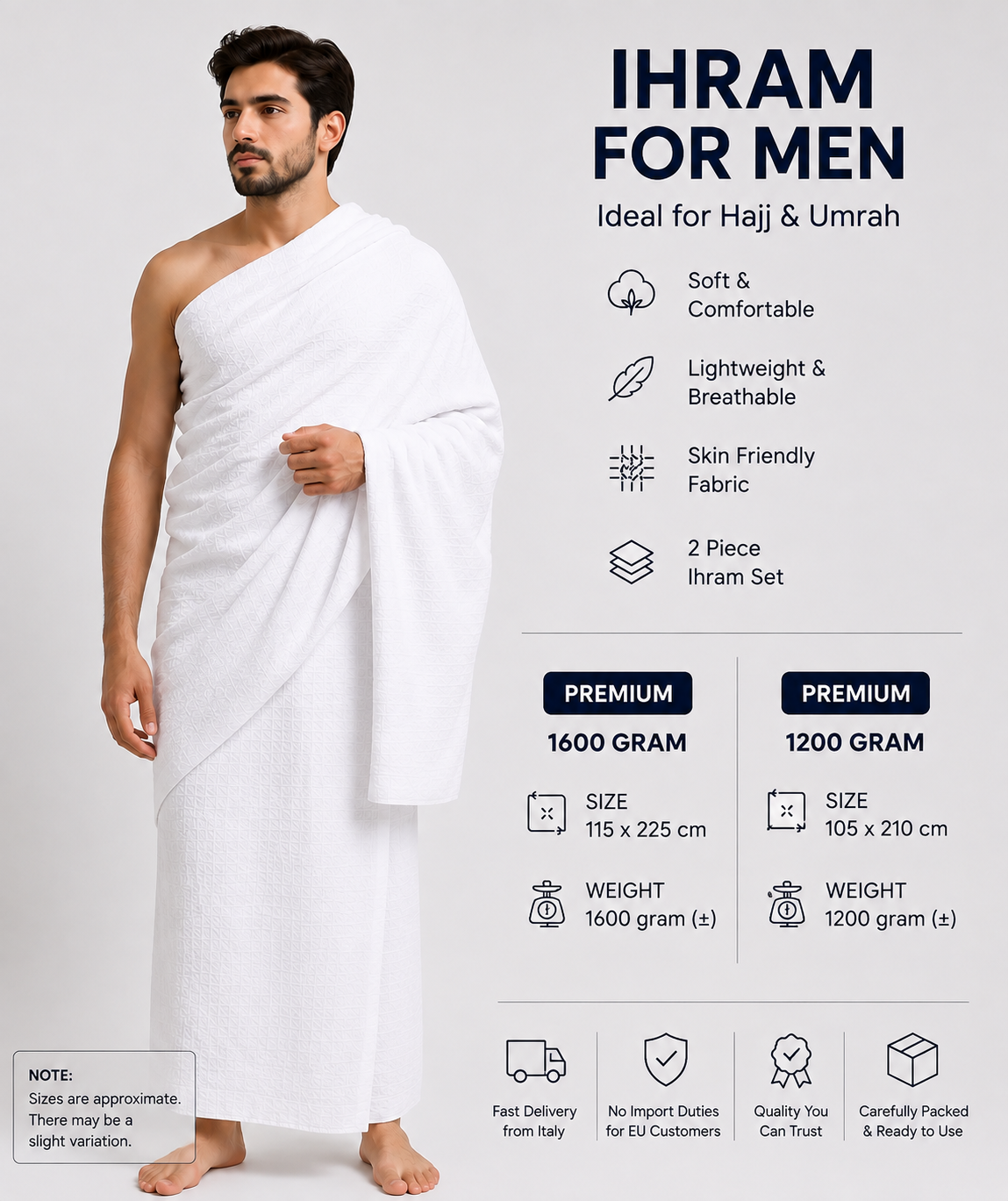 Premium Men's Ihram Set 1200g - 2 Piece White Hajj & Umrah Ihram, 105 × 210 cm