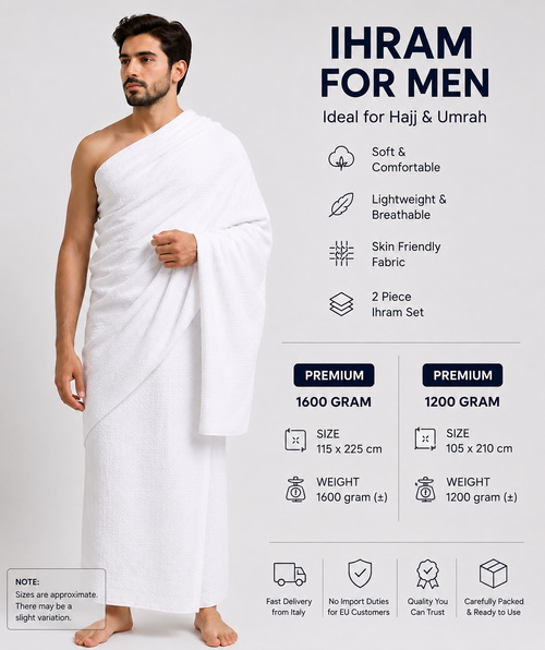 Premium Men's Ihram Set 1200g - 2 Piece White Hajj & Umrah Ihram, 105 × 210 cm