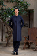 Men's Premium Ban-Embroidered Kameez Shalwar - Navy Blue / Classic Fit.