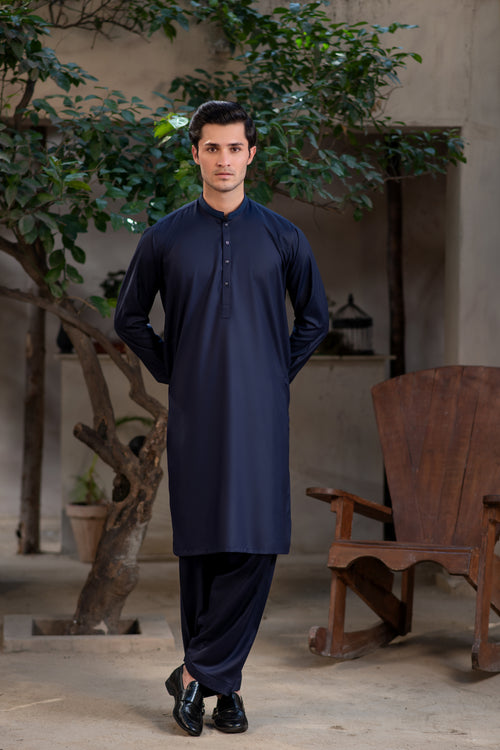 Men's Premium Ban-Embroidered Kameez Shalwar - Navy Blue / Classic Fit.