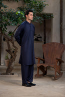 Men's Premium Ban-Embroidered Kameez Shalwar - Navy Blue / Classic Fit.