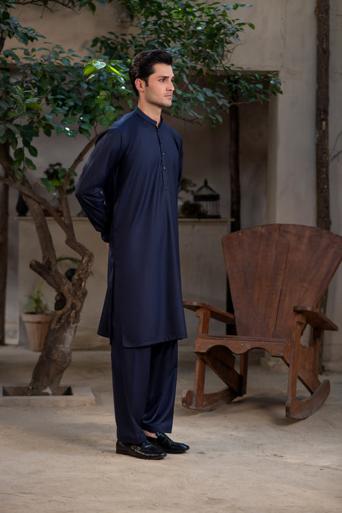 Men's Premium Ban-Embroidered Kameez Shalwar - Navy Blue / Classic Fit.