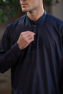 Men's Premium Ban-Embroidered Kameez Shalwar - Navy Blue / Classic Fit.