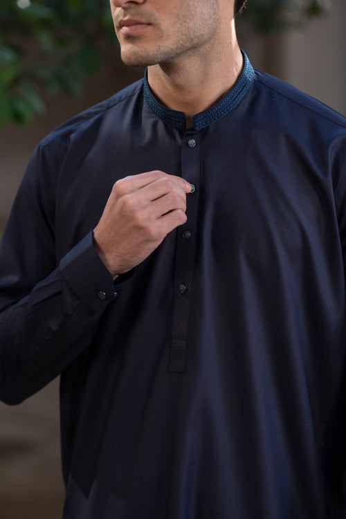 Men's Premium Ban-Embroidered Kameez Shalwar - Navy Blue / Classic Fit.