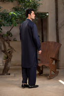 Men's Premium Ban-Embroidered Kameez Shalwar - Navy Blue / Classic Fit.