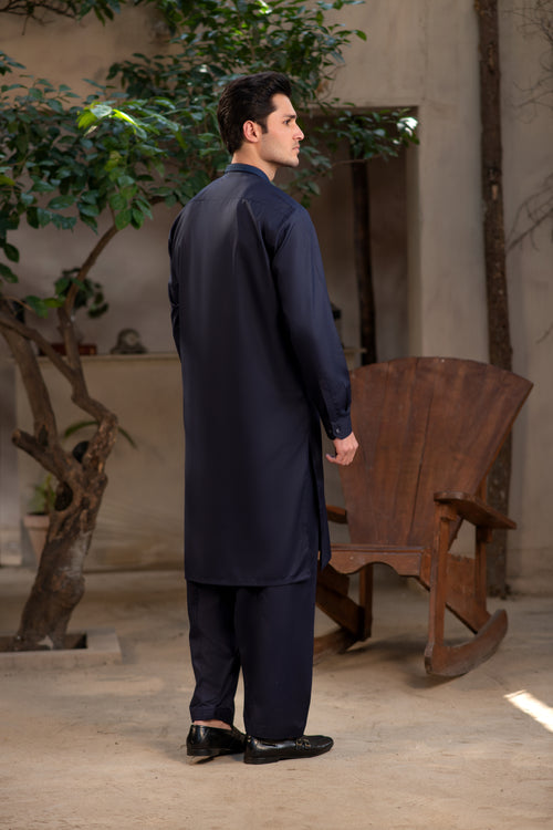 Men's Premium Ban-Embroidered Kameez Shalwar - Navy Blue / Classic Fit.