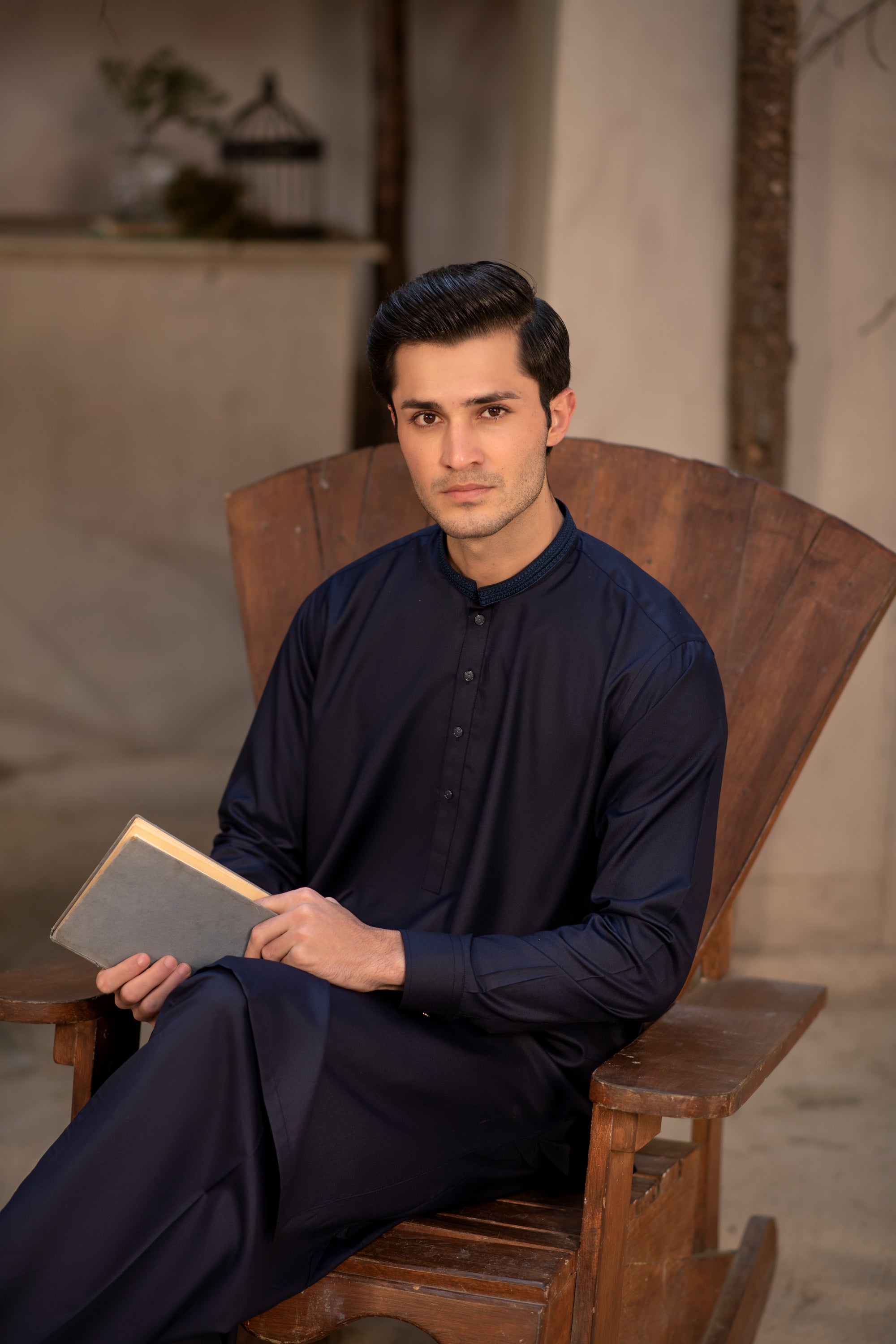 Men's Premium Ban-Embroidered Kameez Shalwar - Jet Black / Classic Fit