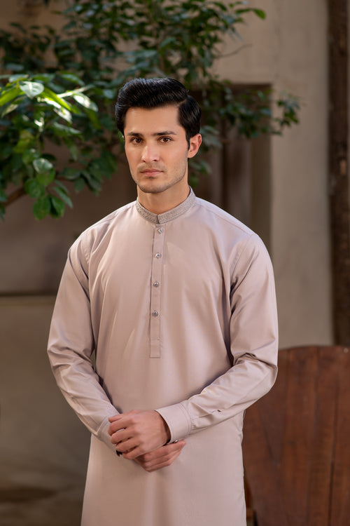 Men's Premium Ban-Embroidered Kameez Shalwar - Pinkish Brown / Classic Fit