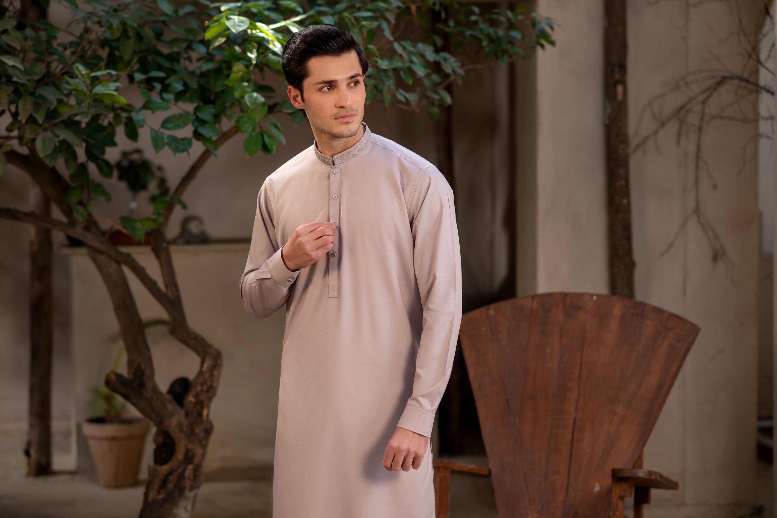 Men's Premium Ban-Embroidered Kameez Shalwar - Pinkish Brown / Classic Fit