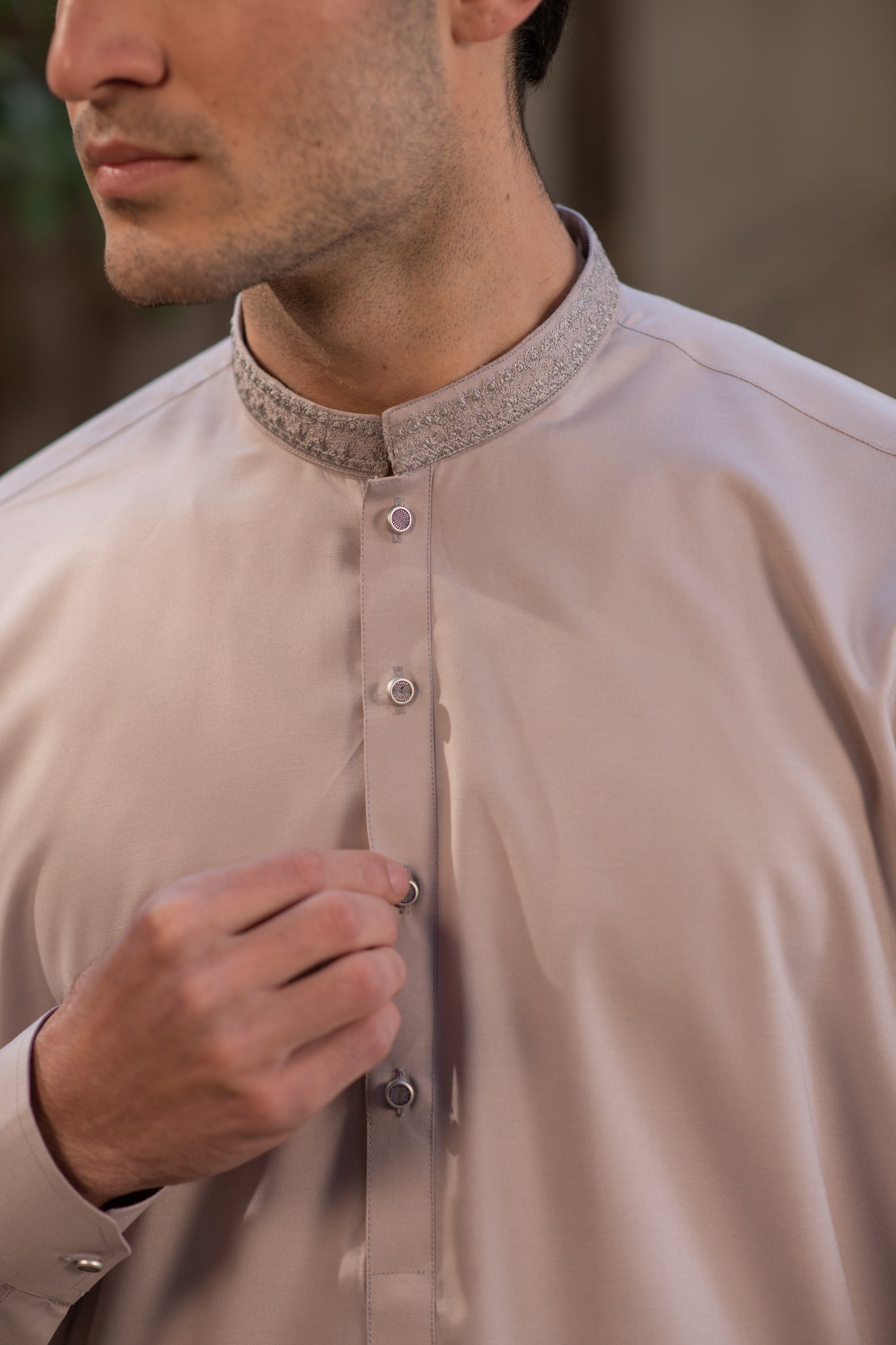 Men's Premium Ban-Embroidered Kameez Shalwar - Pinkish Brown / Classic Fit