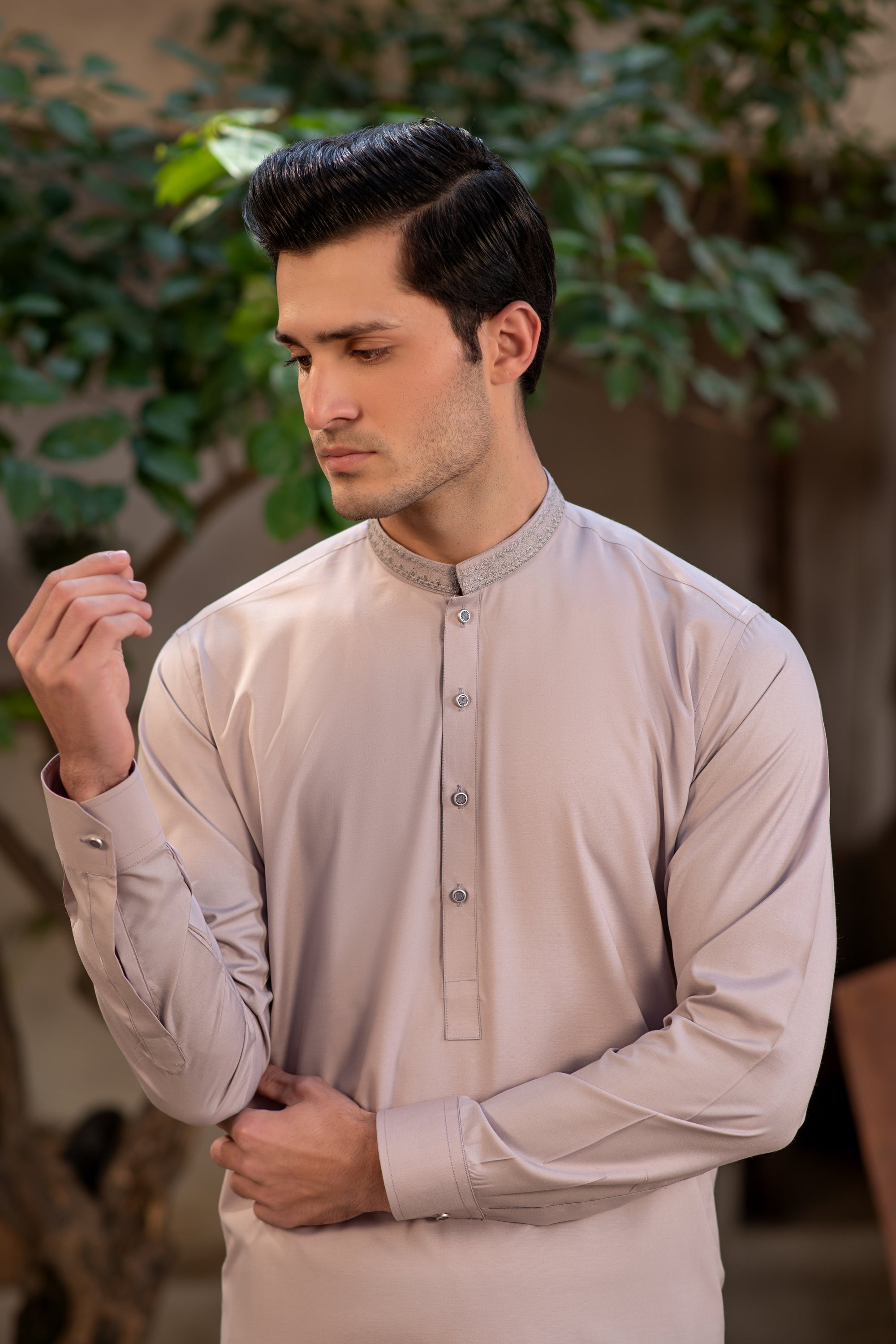 Men's Premium Ban-Embroidered Kameez Shalwar - Pinkish Brown / Classic Fit