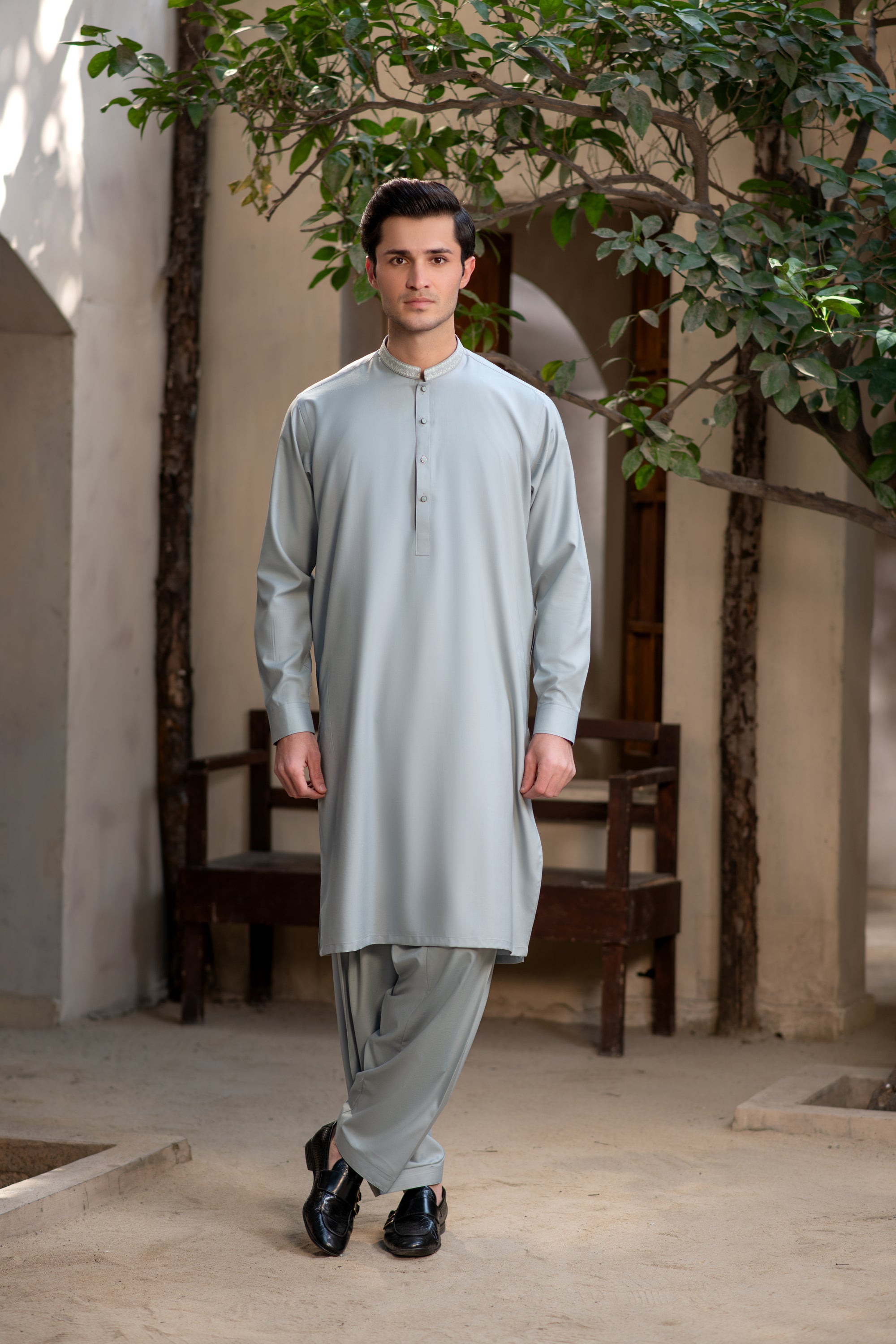 Men's Premium Ban-Embroidered Kameez Shalwar - Pale Dusty Green / Classic Fit