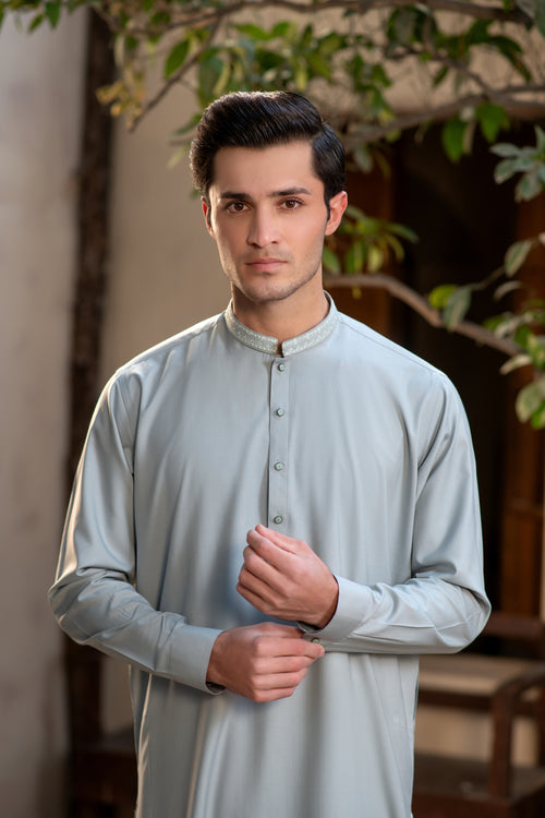 Men's Premium Ban-Embroidered Kameez Shalwar - Pale Dusty Green / Classic Fit