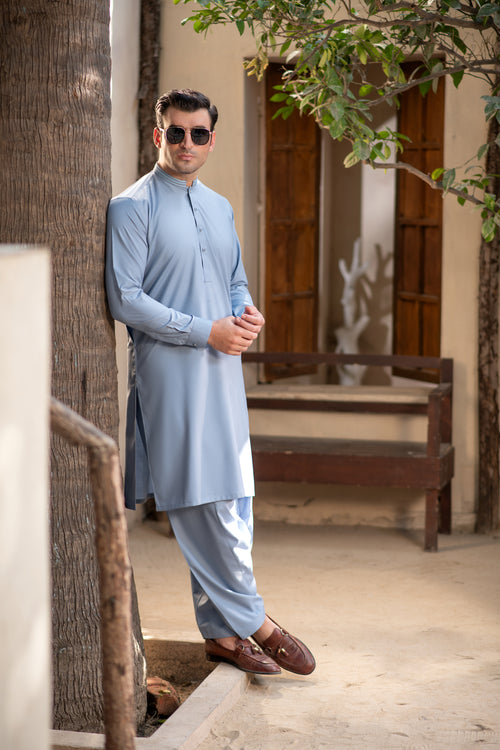 Men's Premium Ban-Embroidered Kameez Shalwar - Sky Blue / Classic Fit