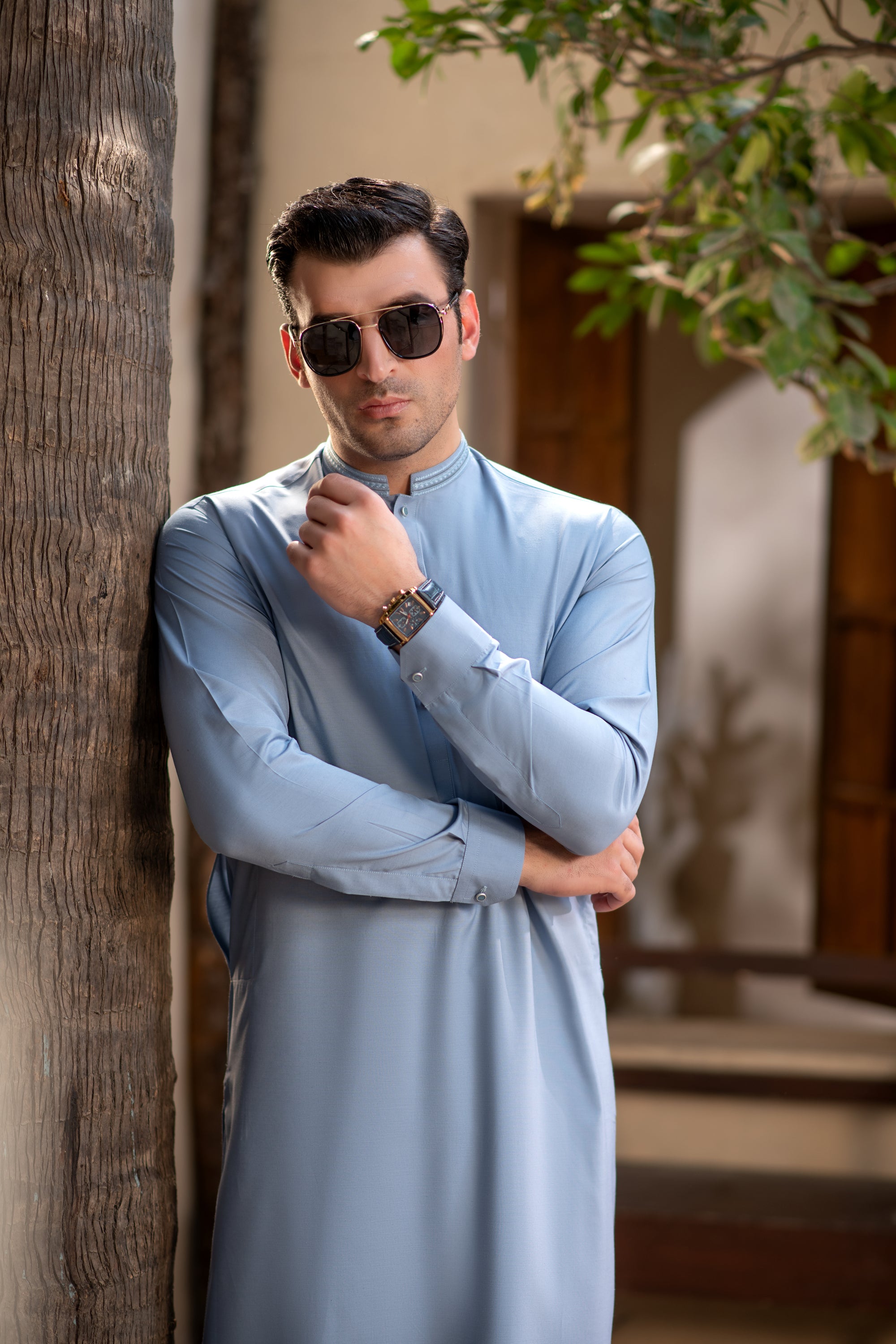 Men's Premium Ban-Embroidered Kameez Shalwar - Sky Blue / Classic Fit