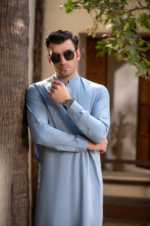 Men's Premium Ban-Embroidered Kameez Shalwar - Sky Blue / Classic Fit