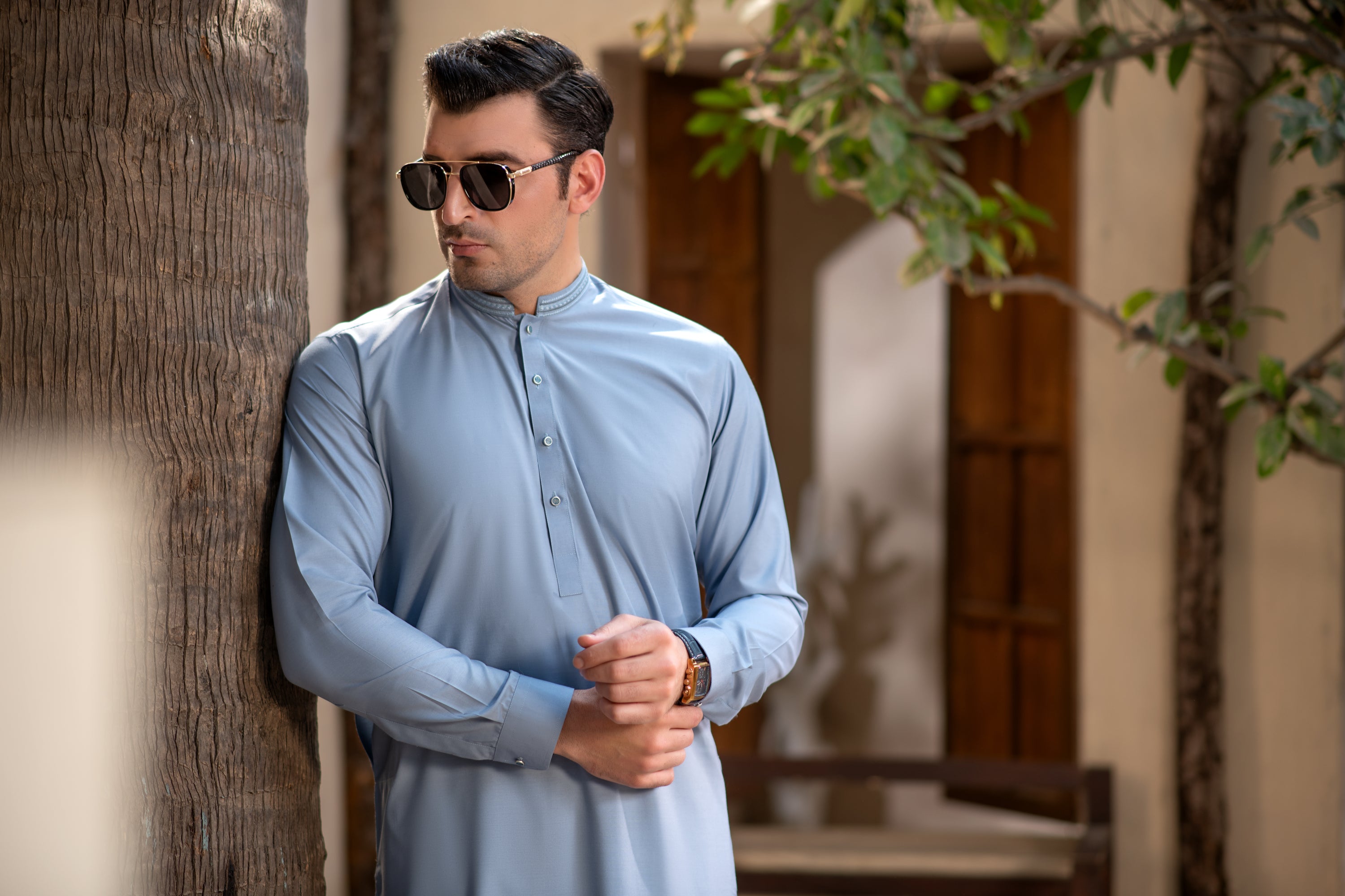 Men's Premium Ban-Embroidered Kameez Shalwar - Sky Blue / Classic Fit