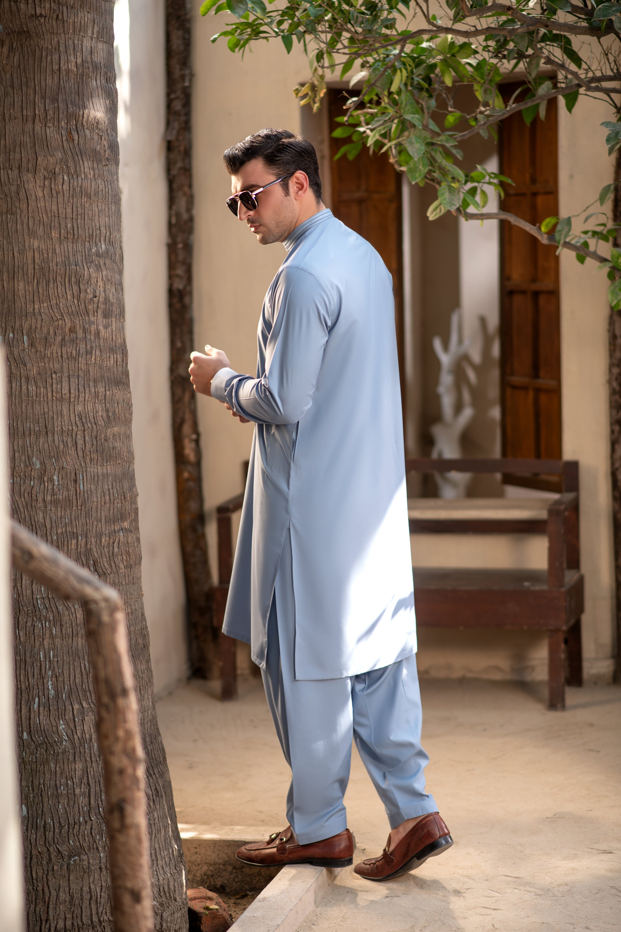 Men's Premium Ban-Embroidered Kameez Shalwar - Sky Blue / Classic Fit