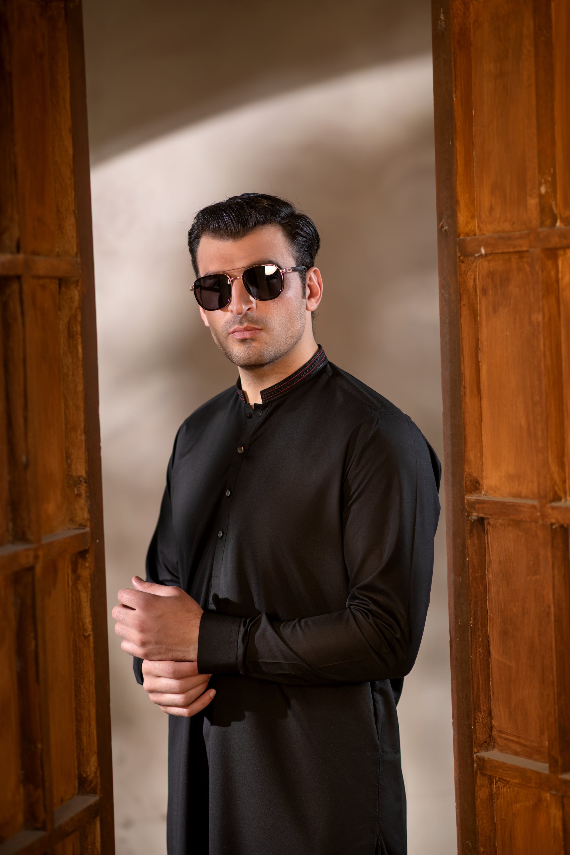 Men's Premium Ban-Embroidered Kameez Shalwar - Jet Black / Classic Fit