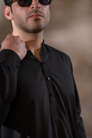 Men's Premium Ban-Embroidered Kameez Shalwar - Jet Black / Classic Fit