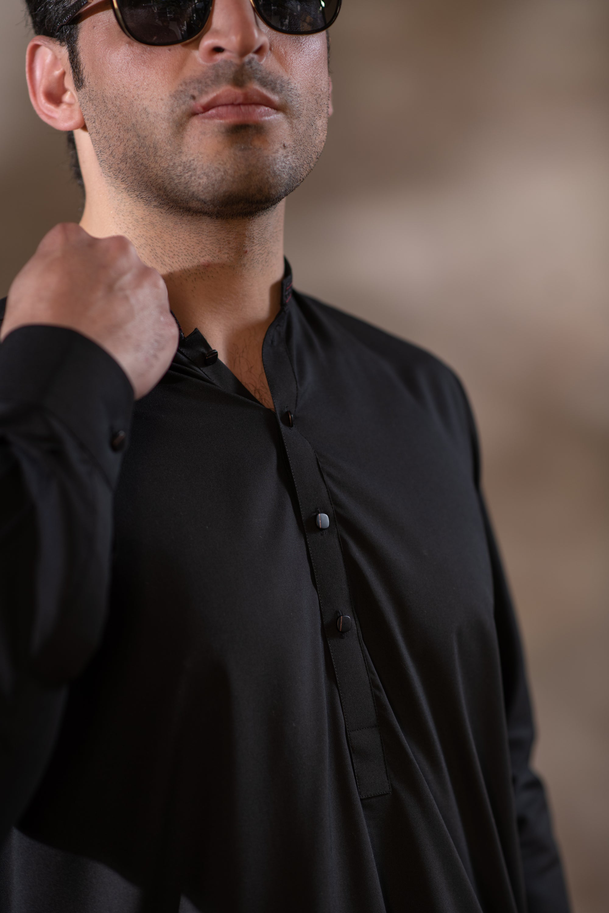 Men's Premium Ban-Embroidered Kameez Shalwar - Jet Black / Classic Fit