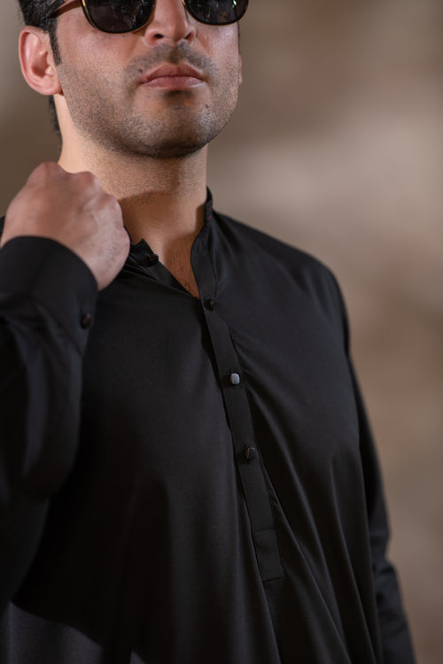 Men's Premium Ban-Embroidered Kameez Shalwar - Jet Black / Classic Fit