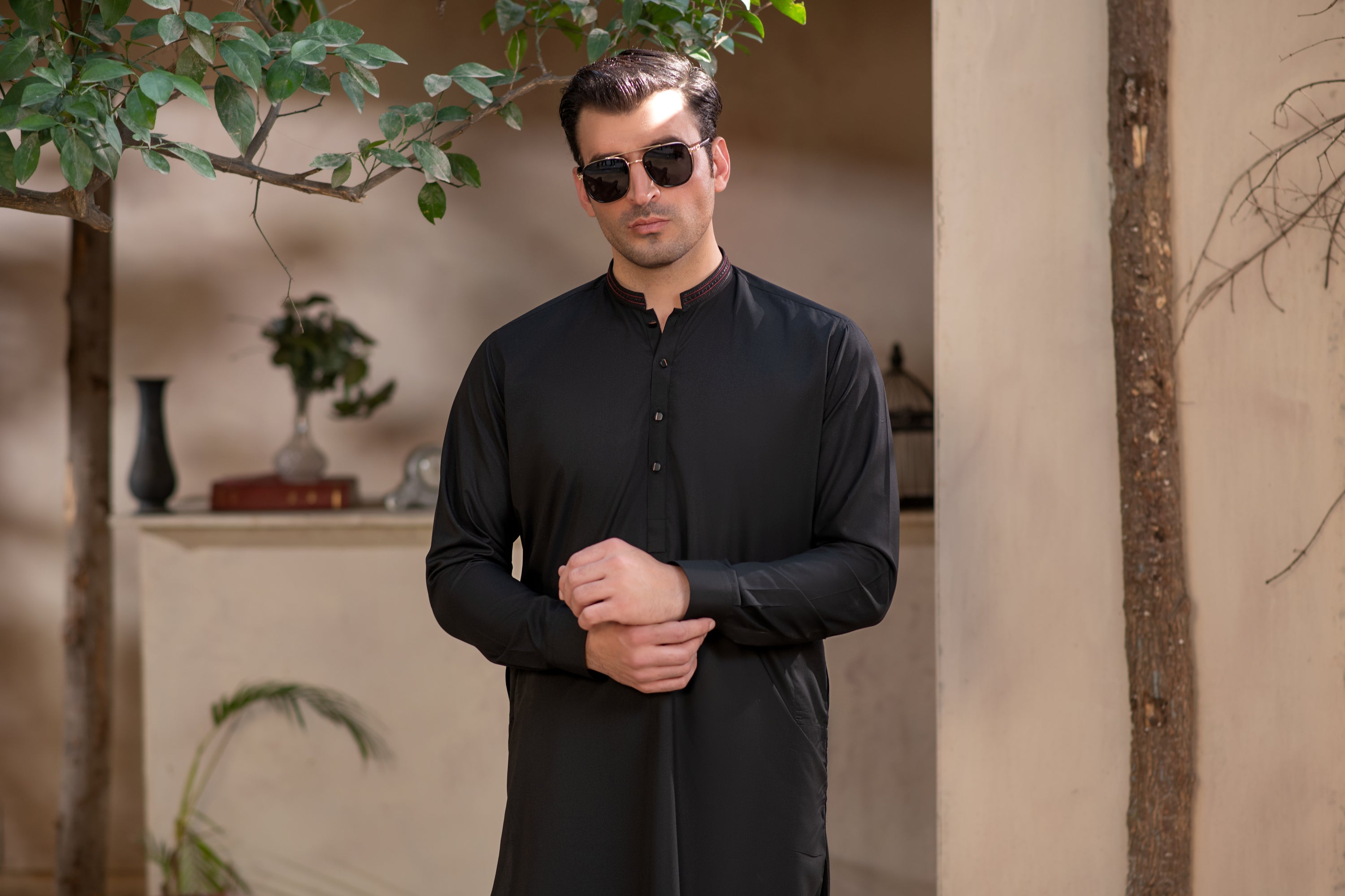 Men's Premium Ban-Embroidered Kameez Shalwar - Jet Black / Classic Fit