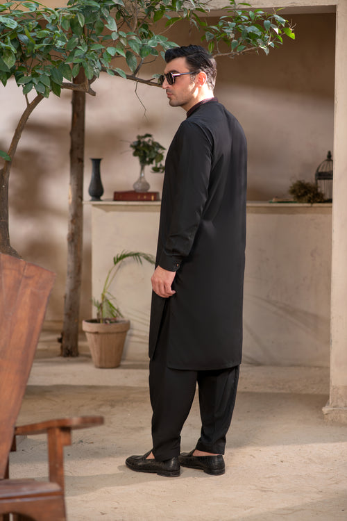 Men's Premium Ban-Embroidered Kameez Shalwar - Jet Black / Classic Fit