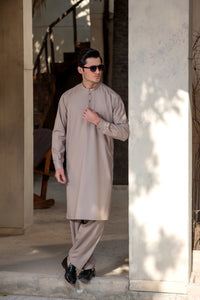 Men's Premium Ban-Embroidered Kameez Shalwar - Light Brown / Classic Fit