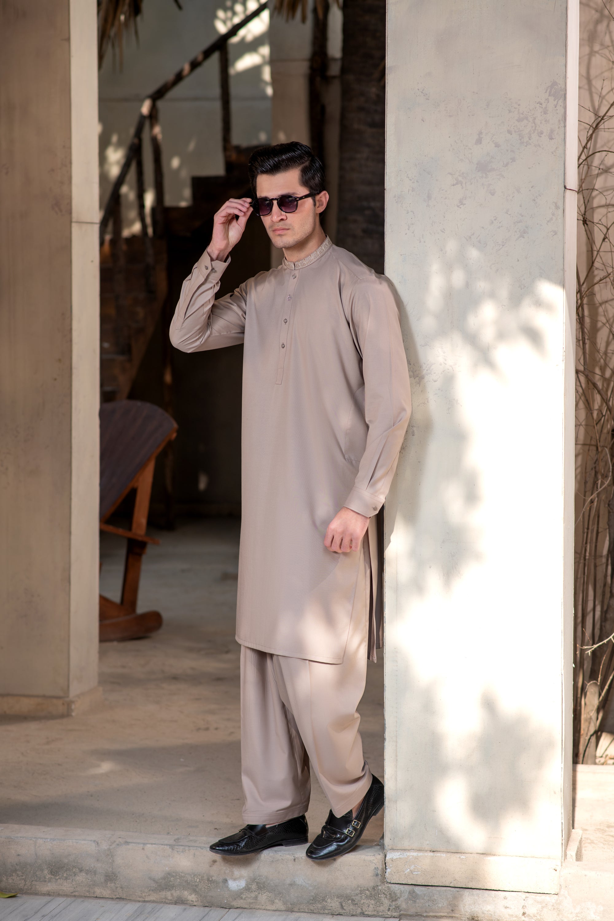 Men's Premium Ban-Embroidered Kameez Shalwar - Light Brown / Classic Fit