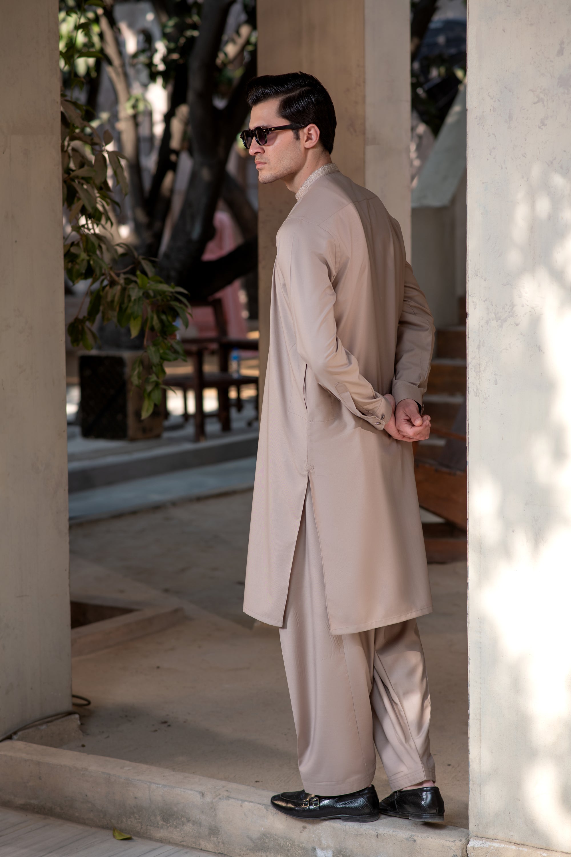 Men's Premium Ban-Embroidered Kameez Shalwar - Light Brown / Classic Fit