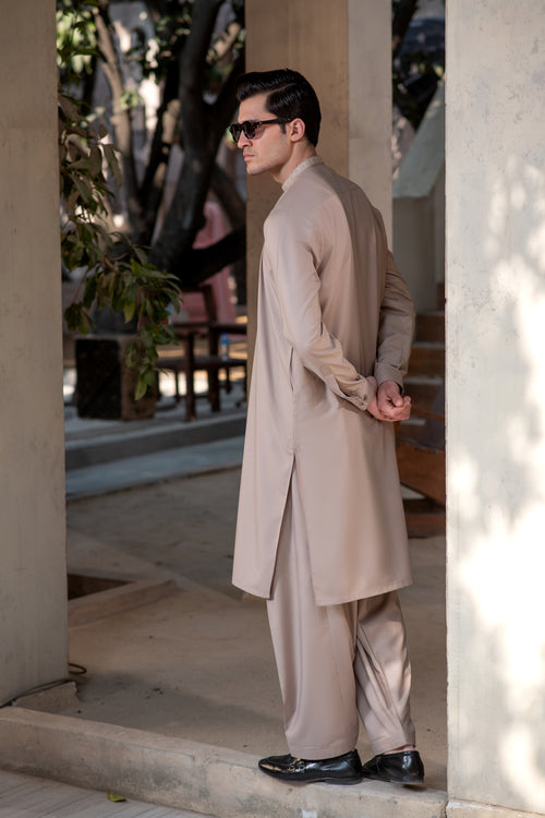 Men's Premium Ban-Embroidered Kameez Shalwar - Light Brown / Classic Fit
