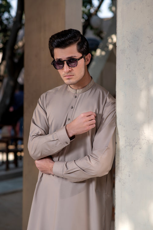 Men's Premium Ban-Embroidered Kameez Shalwar - Light Brown / Classic Fit