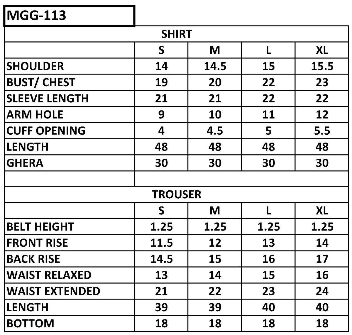 Size chart
