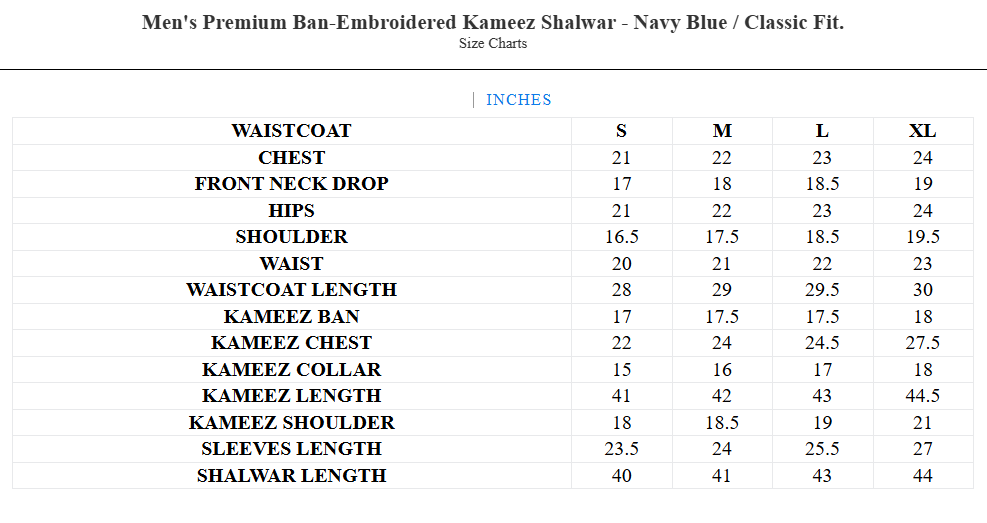 Men's Premium Ban-Embroidered Kameez Shalwar - Navy Blue / Classic Fit.