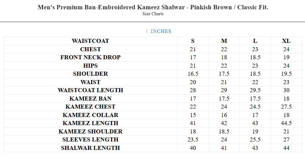 Men's Premium Ban-Embroidered Kameez Shalwar - Pinkish Brown / Classic Fit