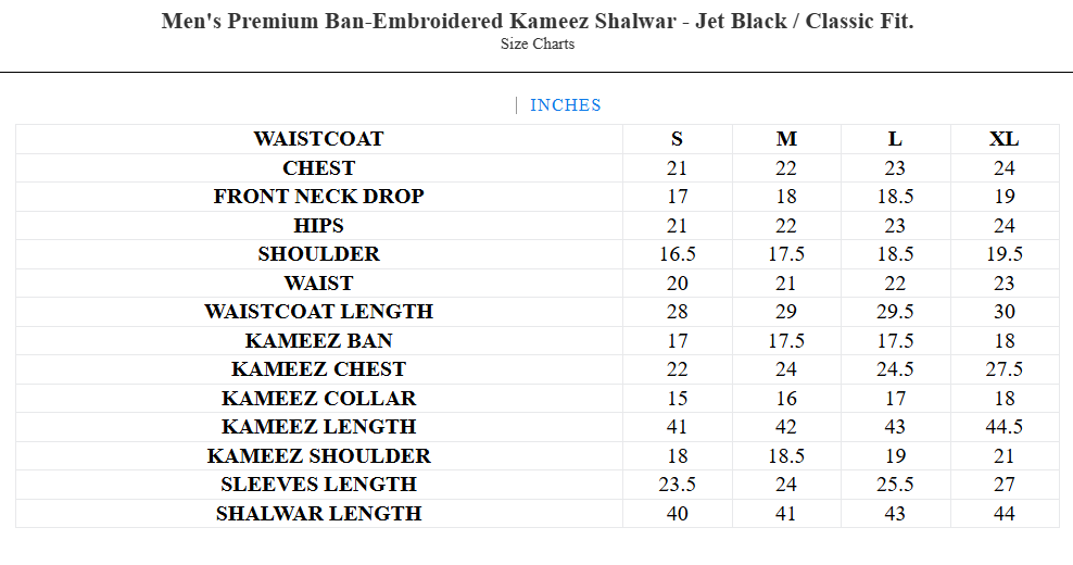 Men's Premium Ban-Embroidered Kameez Shalwar - Jet Black / Classic Fit