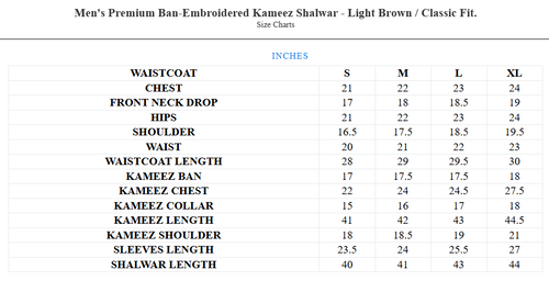 Men's Premium Ban-Embroidered Kameez Shalwar - Light Brown / Classic Fit