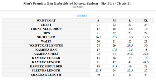 Men's Premium Ban-Embroidered Kameez Shalwar - Sky Blue / Classic Fit