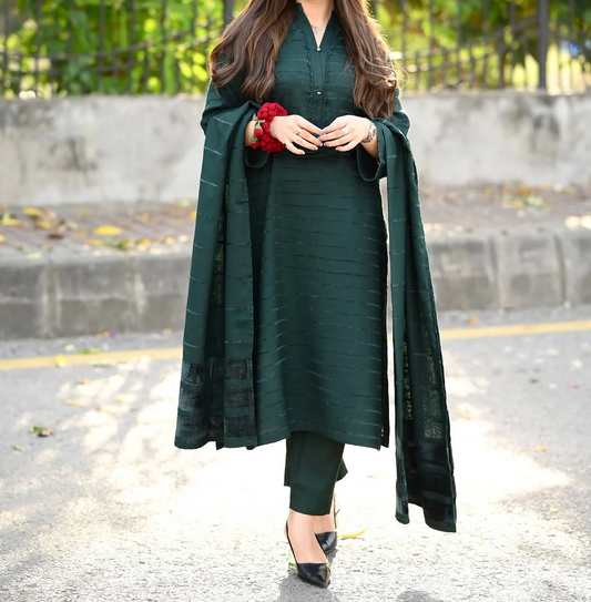 3pc Alpine Velvet Shirt with Velvet Border Shawl and Plain Trouser Bottle Green AML-W25-0013