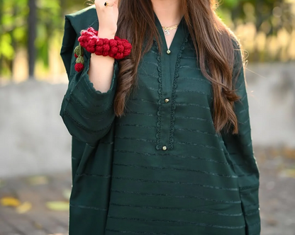 3pc Alpine Velvet Shirt with Velvet Border Shawl and Plain Trouser Bottle Green AML-W25-0013