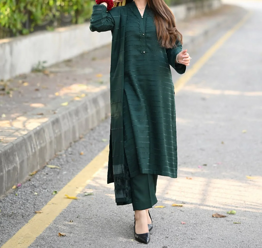 3pc Alpine Velvet Shirt with Velvet Border Shawl and Plain Trouser Bottle Green AML-W25-0013