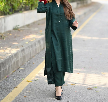 3pc Alpine Velvet Shirt with Velvet Border Shawl and Plain Trouser Bottle Green AML-W25-0013
