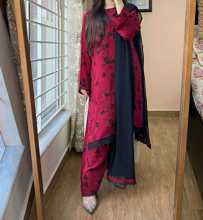 3 Piece - Georgette Dress with Farshi Shalwar