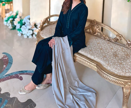 Velvet Dark Green Dress with Shawl