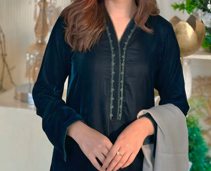 Velvet Dark Green Dress with Shawl