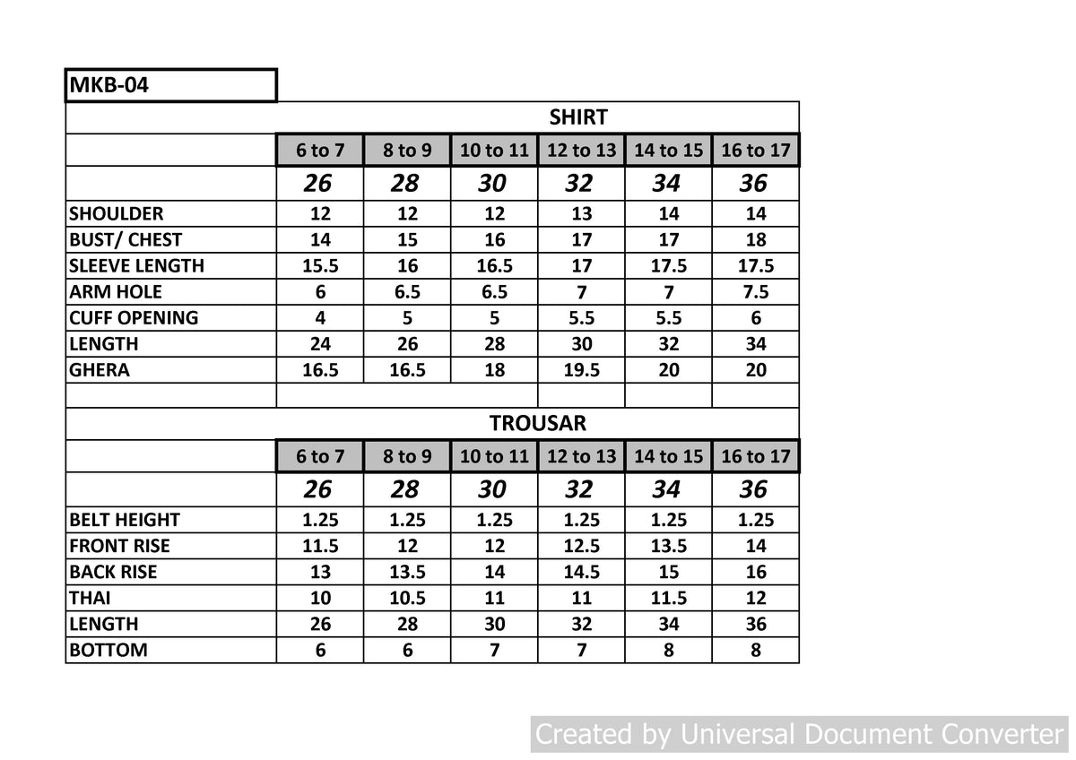 Size chart