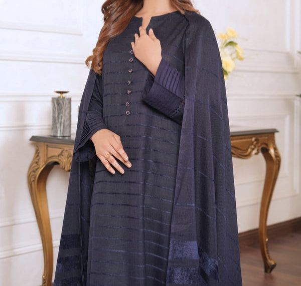 3pc Alpine Velvet Shirt with Velvet Border Shawl and Plain Trouser Navy Blue