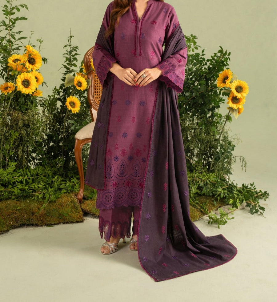 3Pc Khaddar Embroidered with Khaddar Shawl Plum AFP-A25-0011
