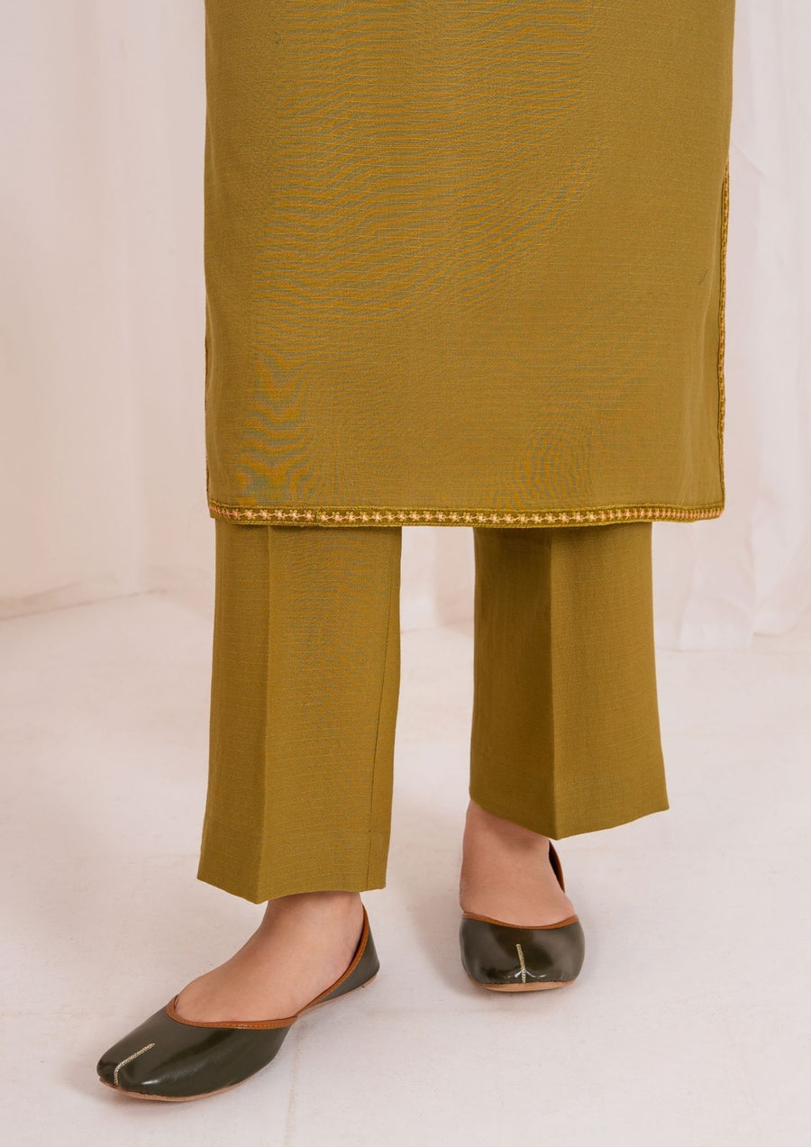 3pc Embroidered Rib Karandi with Embroidered Border Shawl Olivish Mustard AML-W25-0025